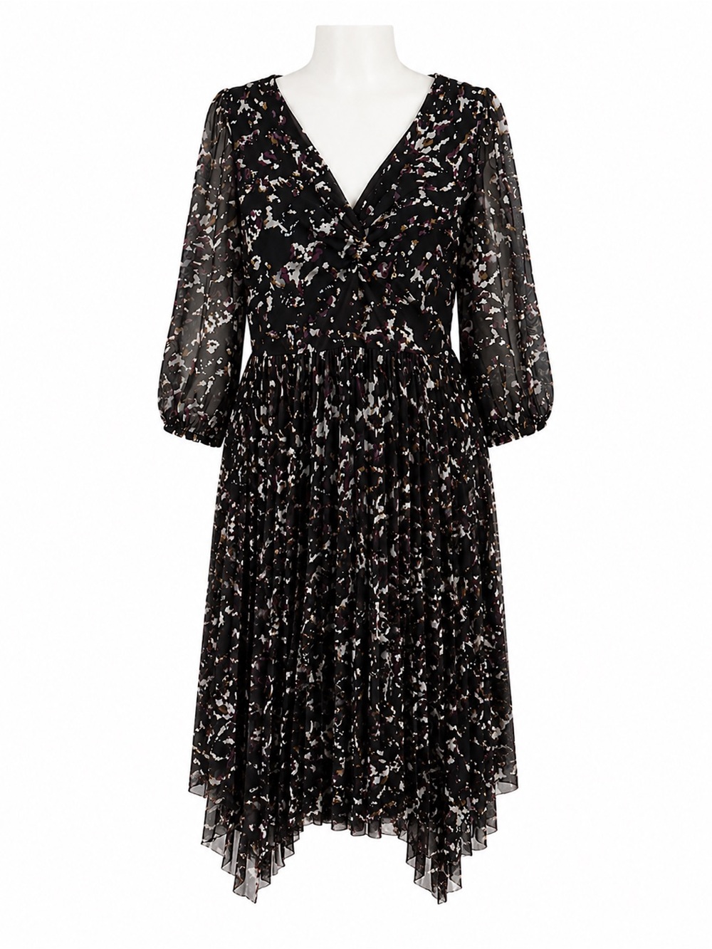 Size 2X Addition Elle Black Abstract Floral Twist Front Handkerchief Hem Dress